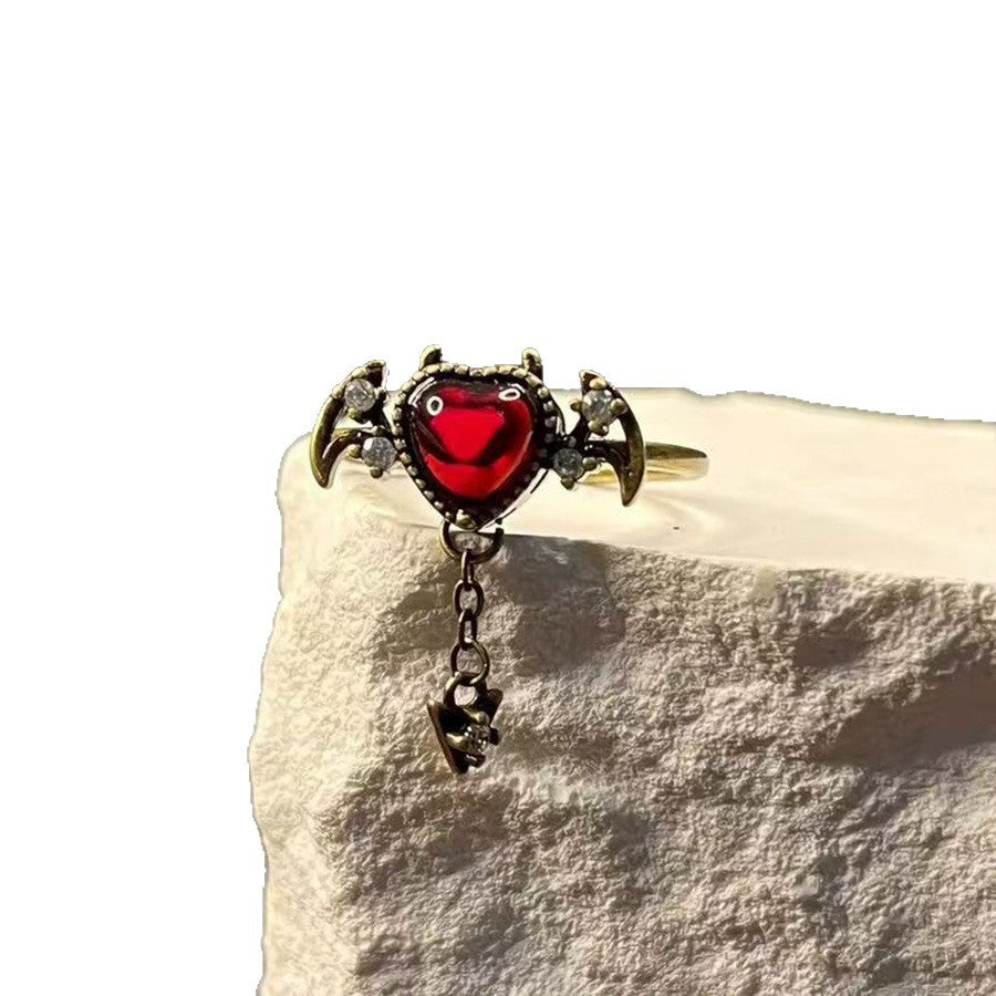 Wholesale Heart-shaped Colored Gemstone and Diamond Light Luxury Retro Open Ring