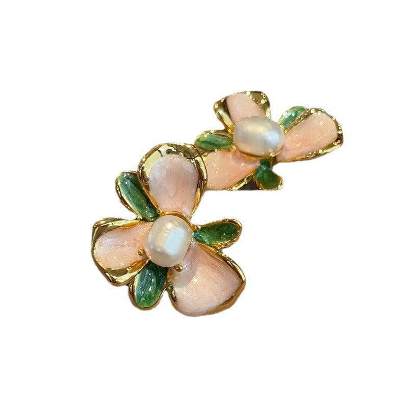 Wholesale Vintage Enamel Glaze Pink Gardenia Pearl Earrings