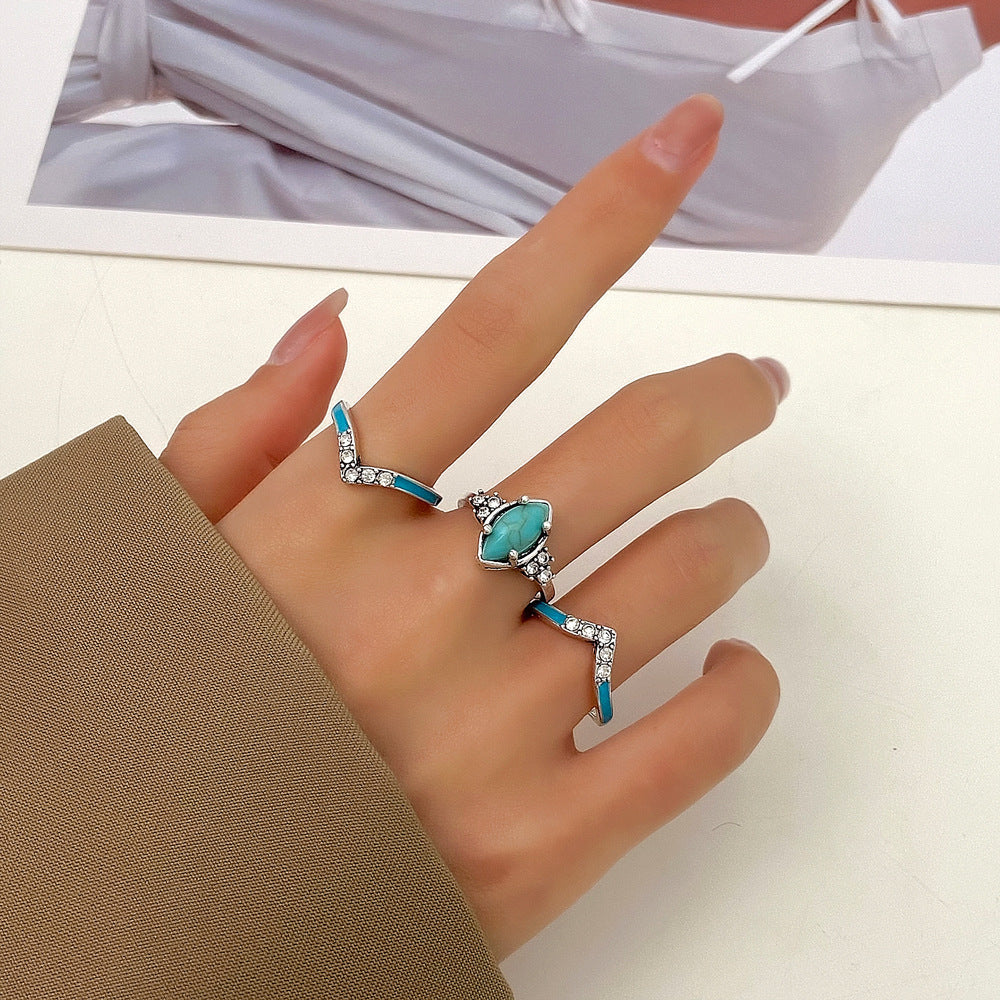 Wholesale Creative Retro Turquoise Set with Diamond Three-piece Set Women' s Set Ring