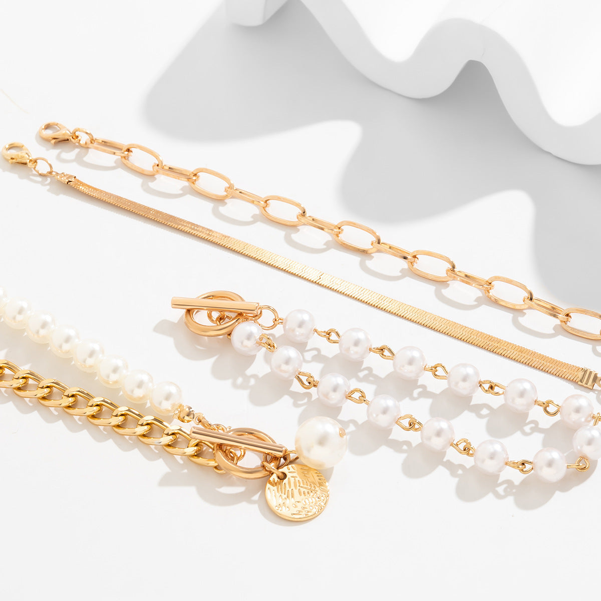 Wholesale Trendy Pearl Multi-Layer Bracelet Set Gold OT Clasp Jewelry Accessory