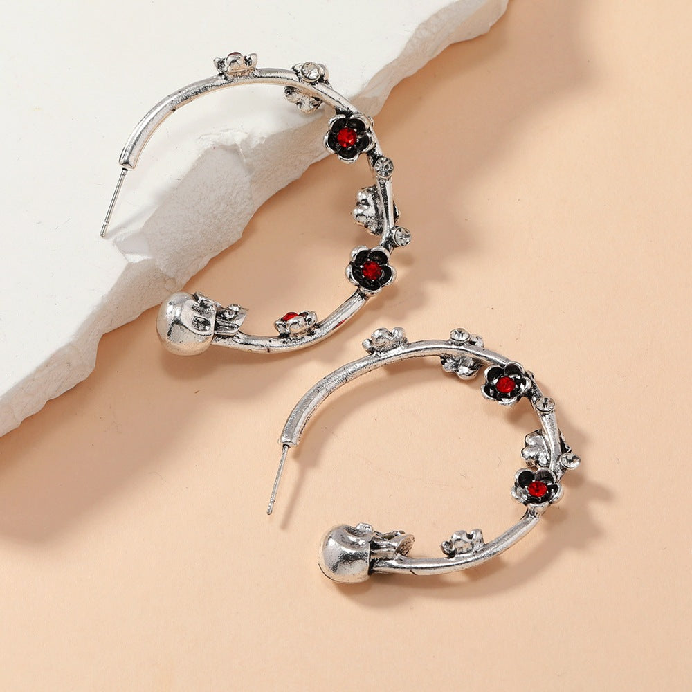 Wholesale Ancient Gold Alloy Skull Flower Hoop Earrings Electroplated Fashion Jewelry Accessory for Women Boutique Resale