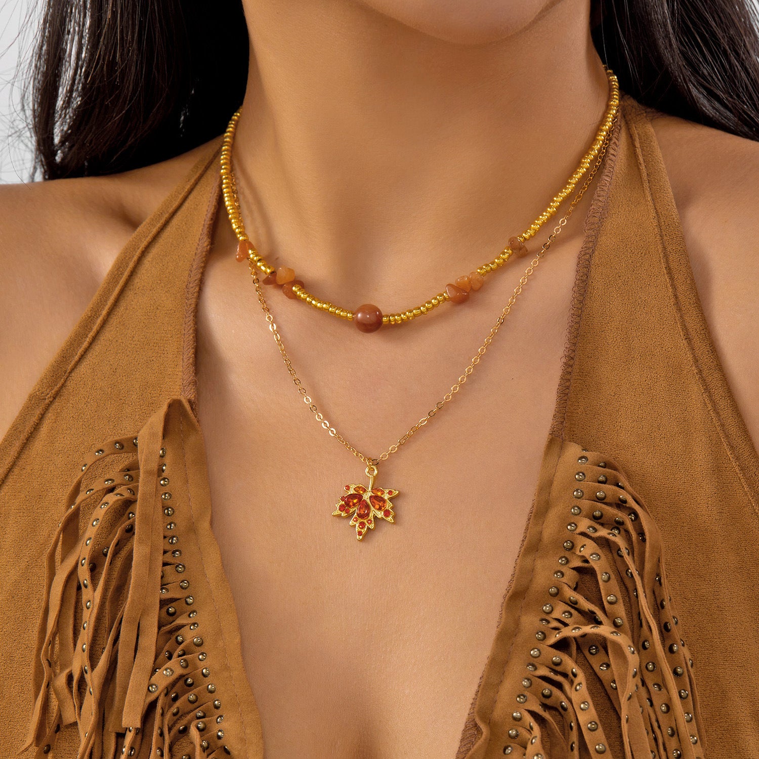 Wholesale Maple Leaf Rhinestone Bracelet and Necklace Set Alloy Fashion Jewelry Accessory