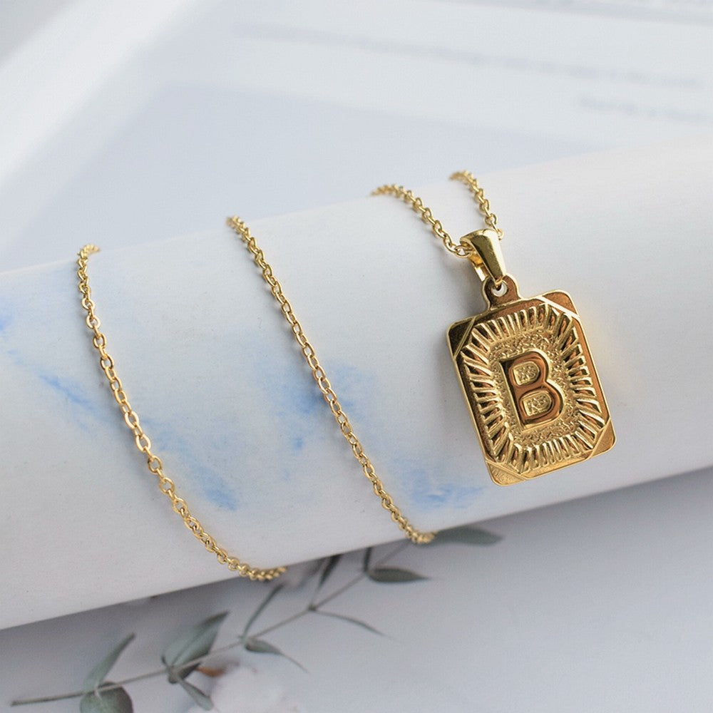 Wholesale Stainless Steel Letter Square Brand Pendant Plated 18K Necklace