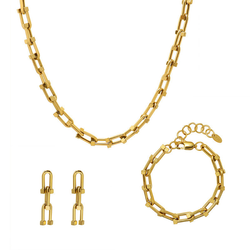 Wholesale Titanium Steel Bold U-Shaped Horseshoe Buckle Thick Chain Necklace,  Stud Earrings,  and Bracelet Set