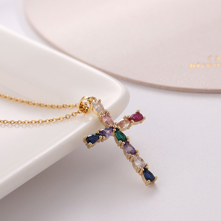 Wholesale Gold Plated Copper Cross Drop Pendant Necklace With Colorful Zircon Stones For Women Everyday Fashion Jewelry
