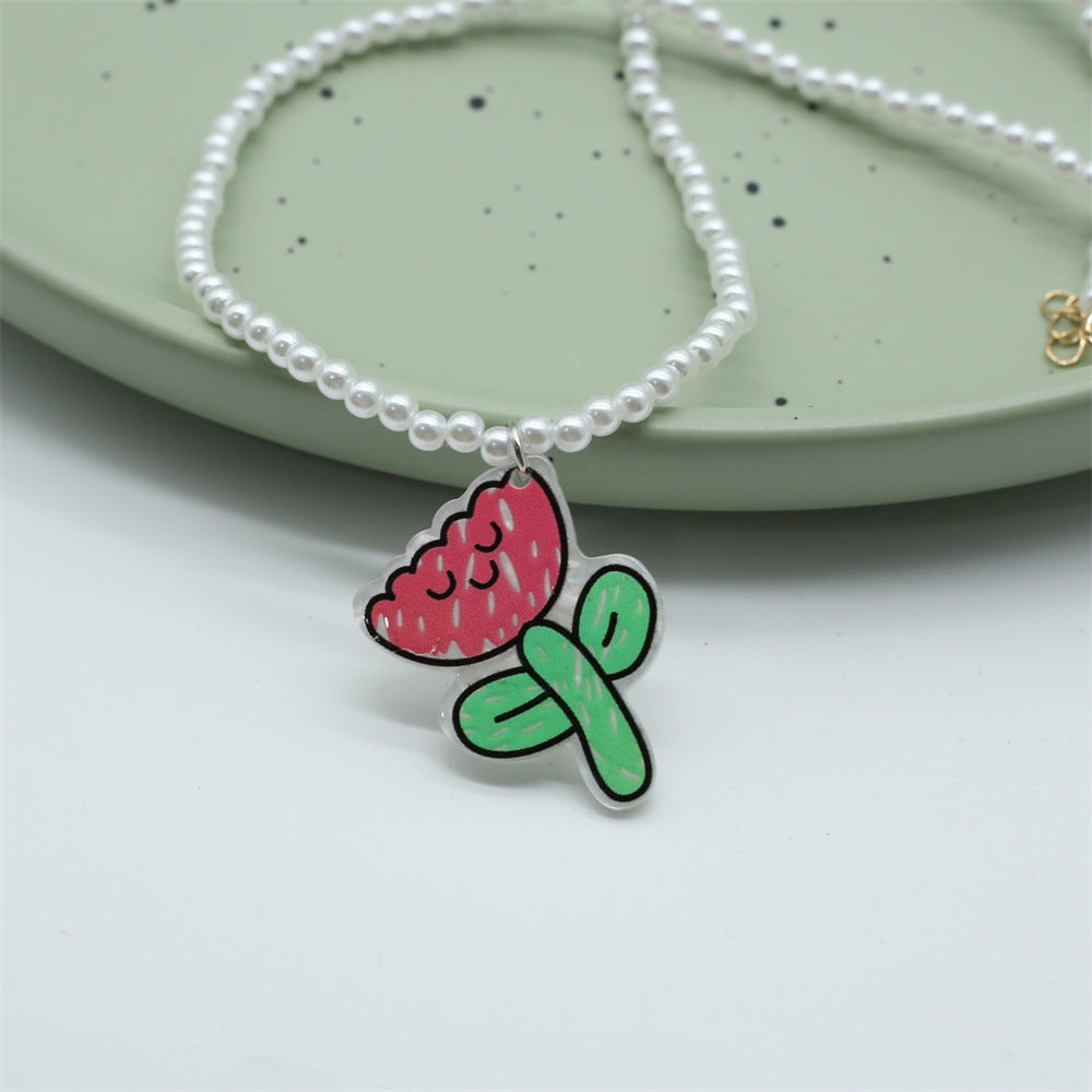 Wholesale  Colorful Acrylic Flower Smiley Tulip Pendant Pearl Beaded Necklace