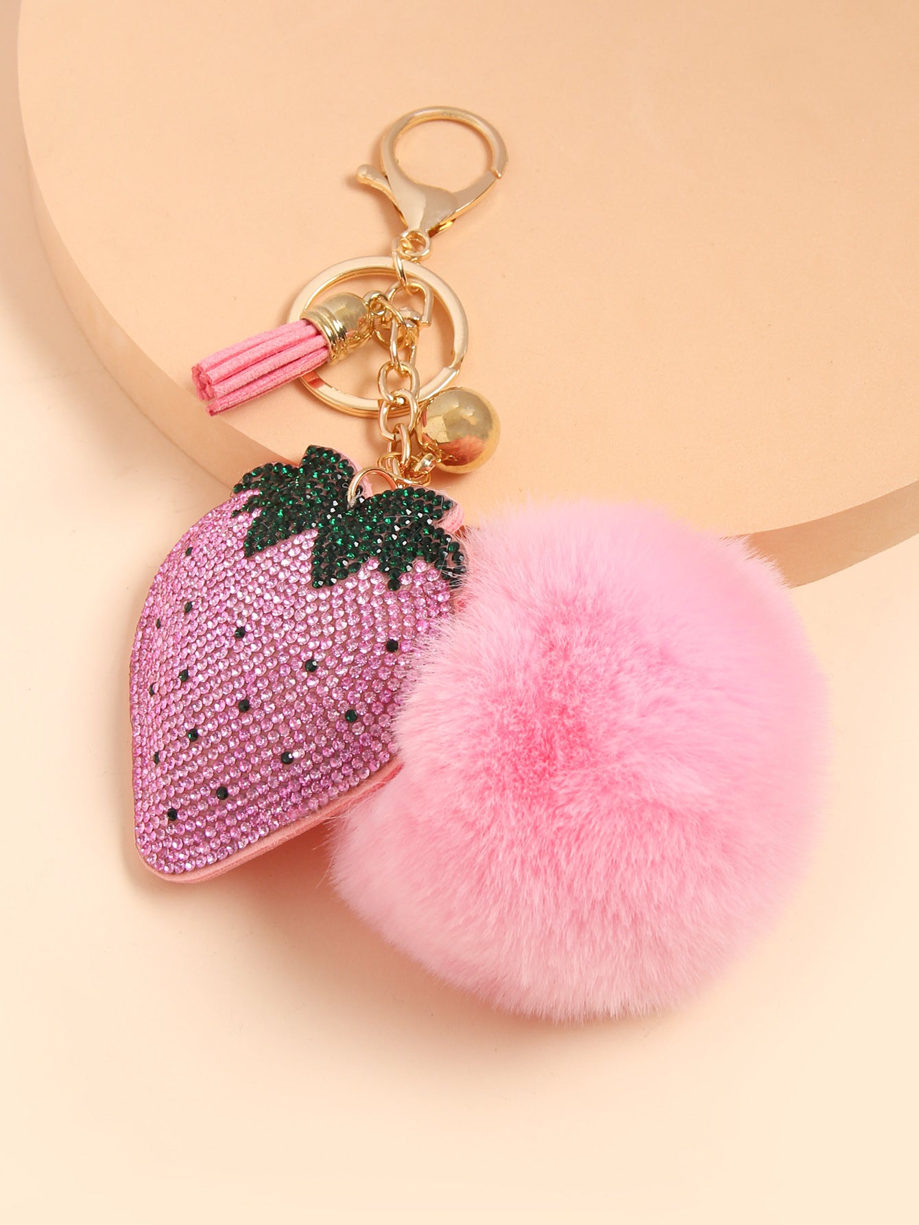Wholesale Rhinestone Strawberry Heart-shaped Keychain Women' s Luggage Fur Ball Tassel Pendant Fashion South Korea Rhinestone Hanging Small Gift