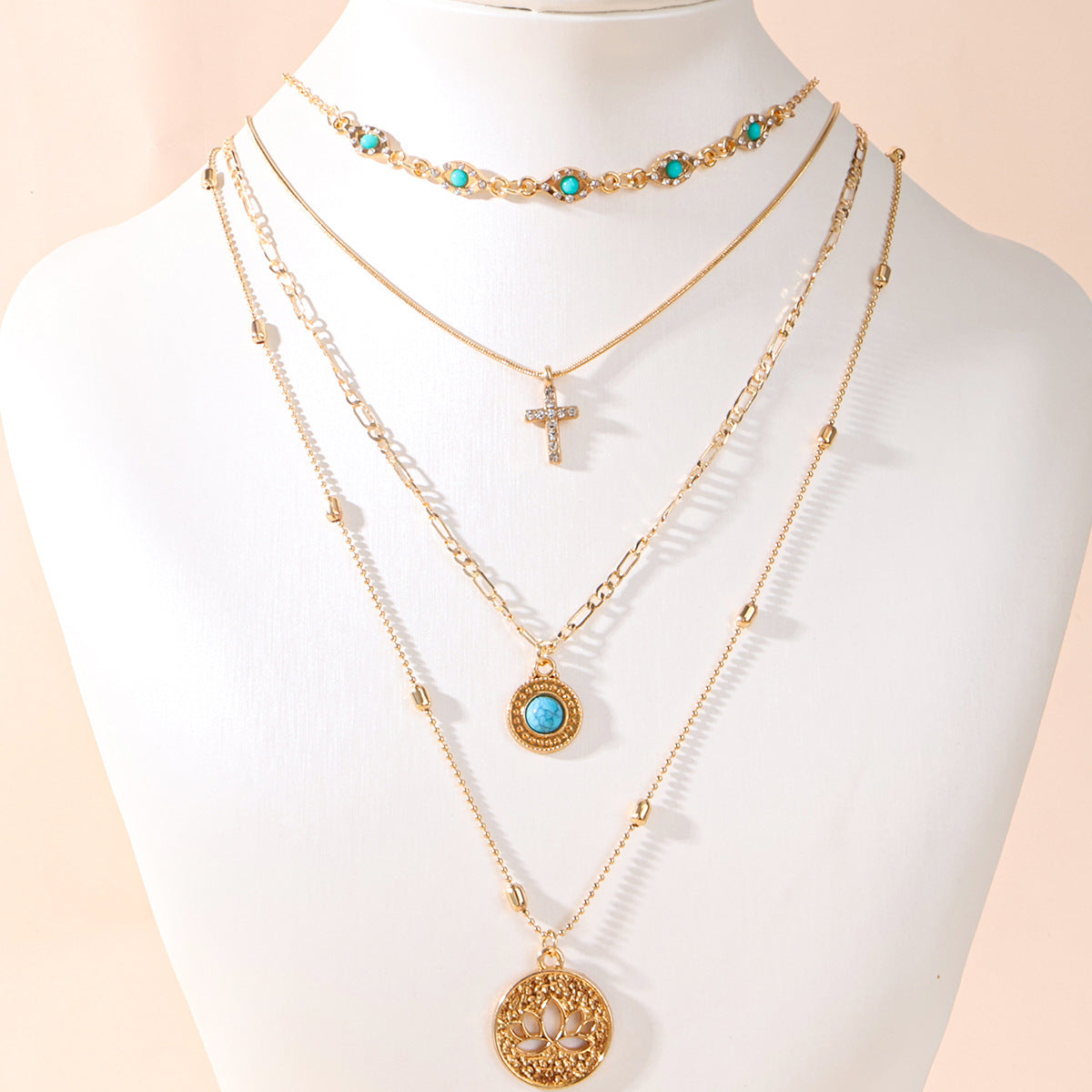 Wholesale Bohemian Multi-Layer Stacked Necklace Gold Electroplated Alloy Cross Pendant Women Fashion Accessory Gift