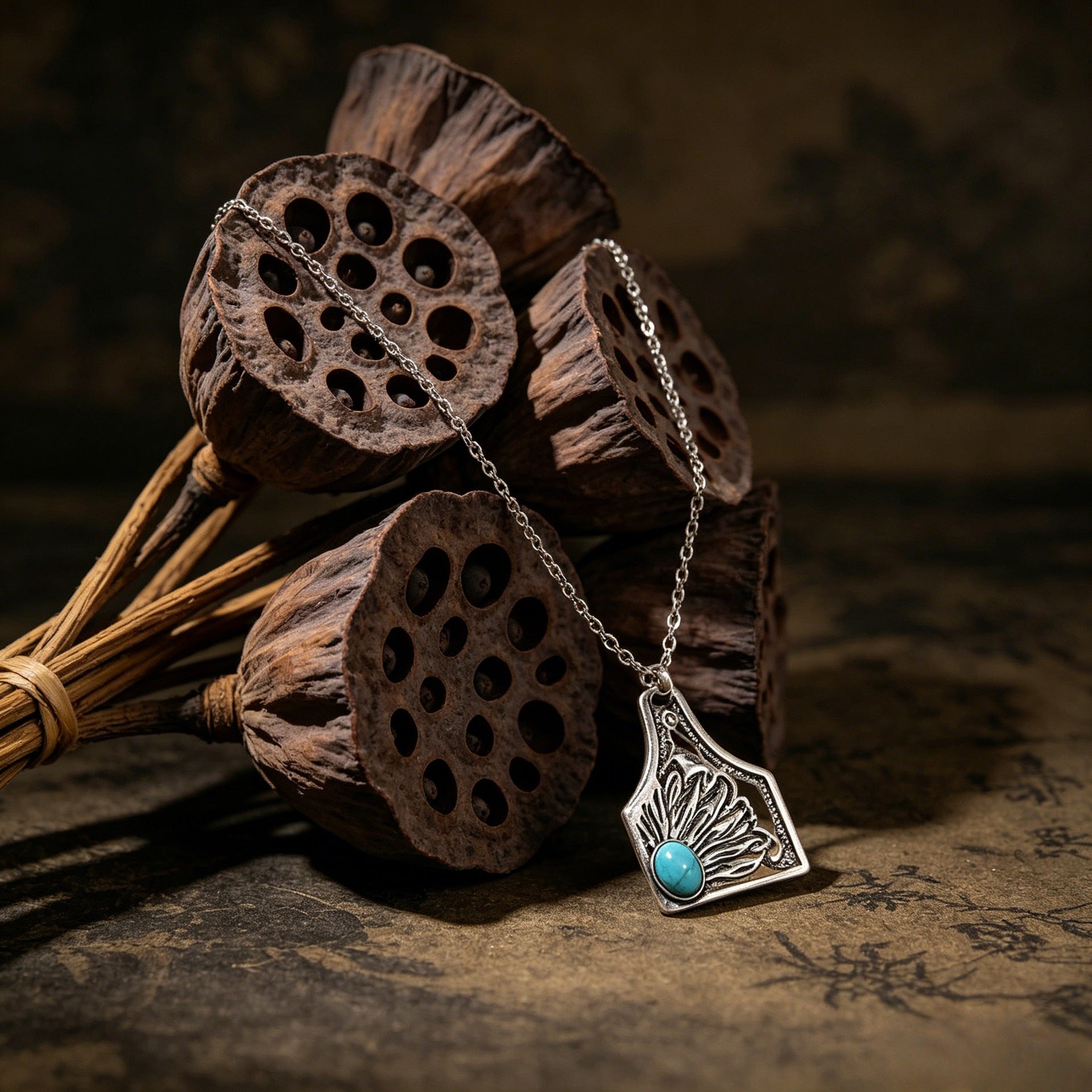 Wholesale Retro Bohemian Turquoise Pendant Necklace For Women Silver Tone Alloy Trendy Jewelry Accessory Gift Boutique Resale