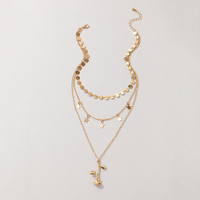 Wholesale Valentine's Day Tassel Five-pointed Star Rose Multi-layer Disc Gold Necklace ACC-NE-YongGe021
