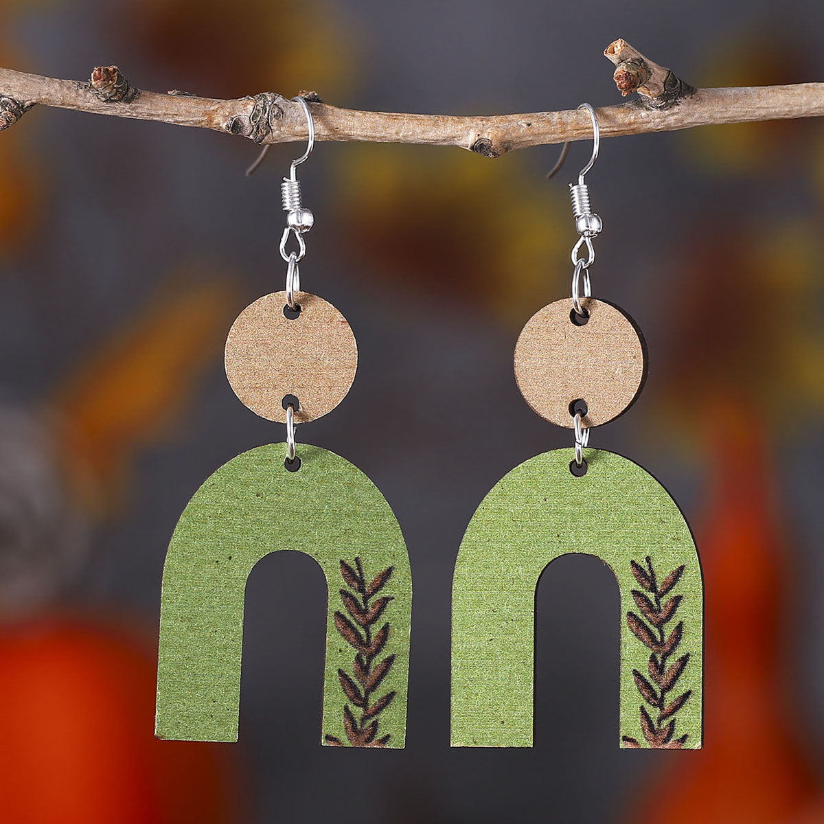 Wholesale  Long U-shaped Geometric Square Hollow Wooden Earrings