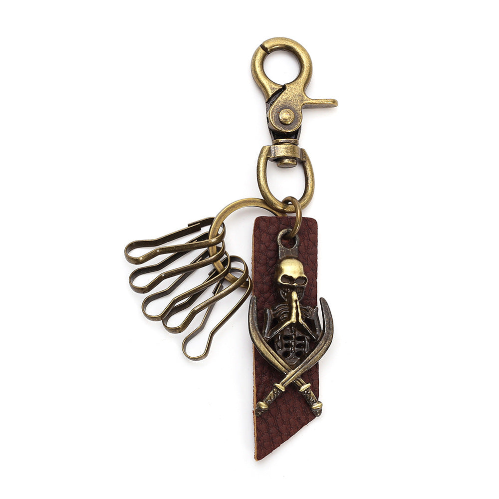 Wholesale Retro Men S Skull Keychain With Alloy Leather Pendant And Hook Antique Bronze Finish Fashion Accessory