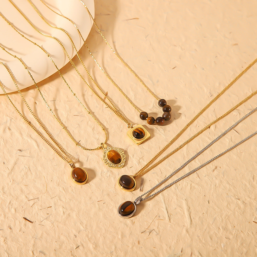 Wholesale  stainless steel 18K gold plated pendant inlaid natural Tiger Eye stone necklace