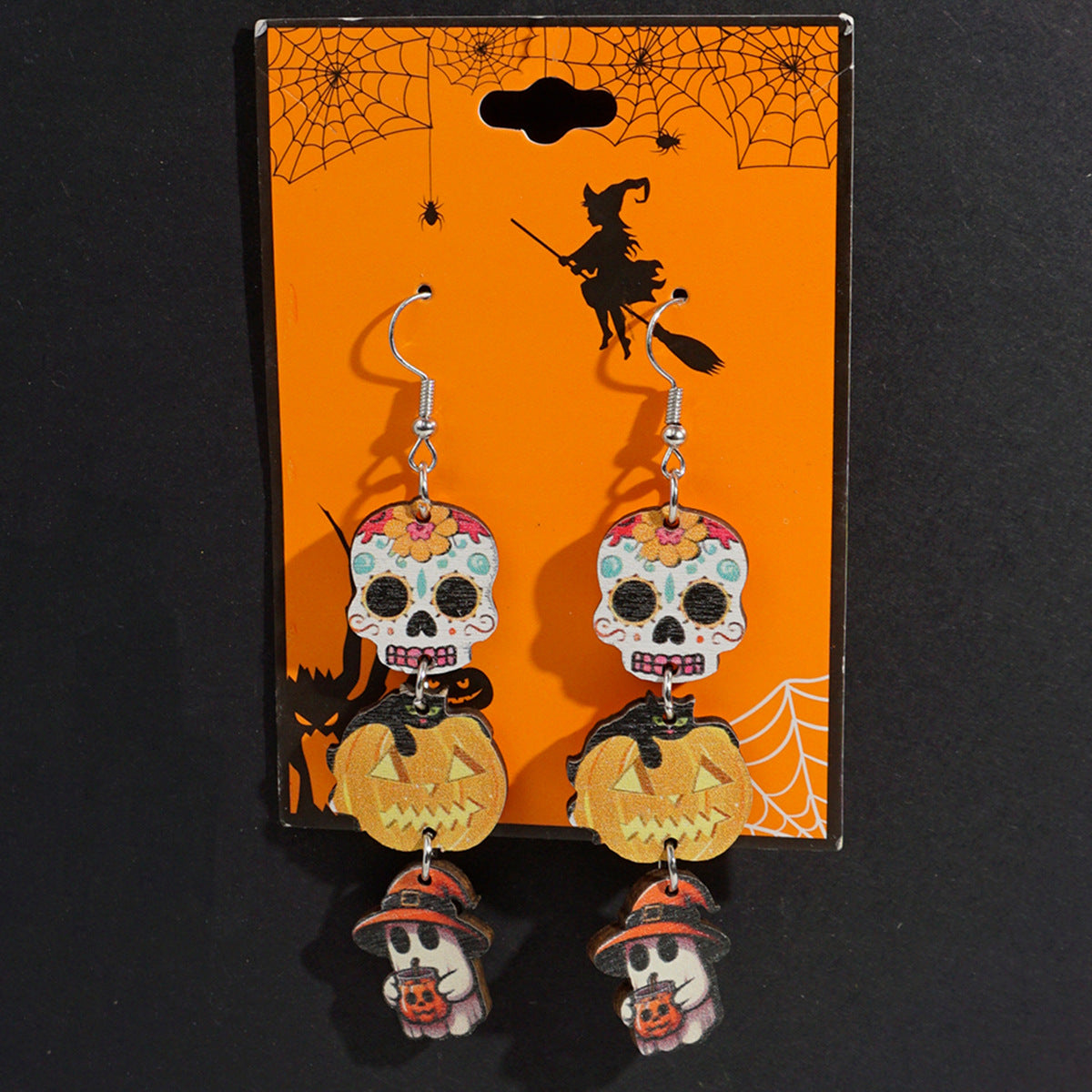 Wholesale Halloween Theme Wooden Earrings  Cartoon Ghost Pumpkin Skull Long Pendant Party  Earrings