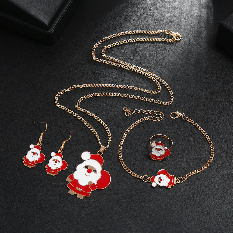Wholesale Christmas Cute Santa Claus Oil Drop Necklaces Alloy Ring Earrings Bracelet Set ACC-NE-MDD001