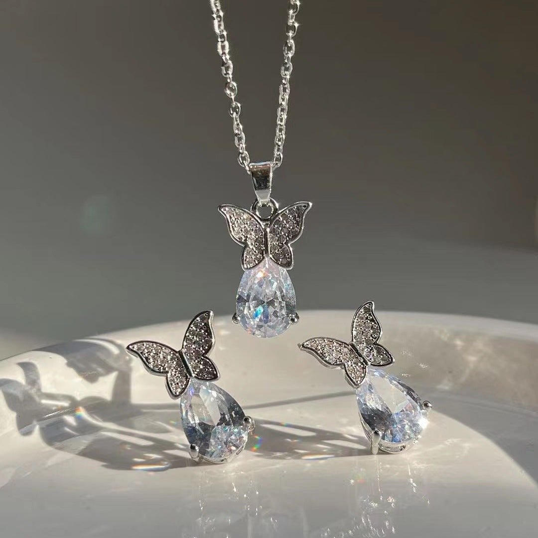 Wholesale Diamond Butterfly Water Drop Creative Necklace Earring Set ACC-NE-ChengJing001