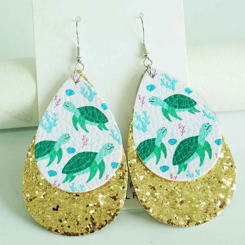 Wholesale 2 Pairs/pack Turtle Watermelon Flamingo Shiny Leather Drop Shape Multi-Layered Earrings ACC-ES-HY088