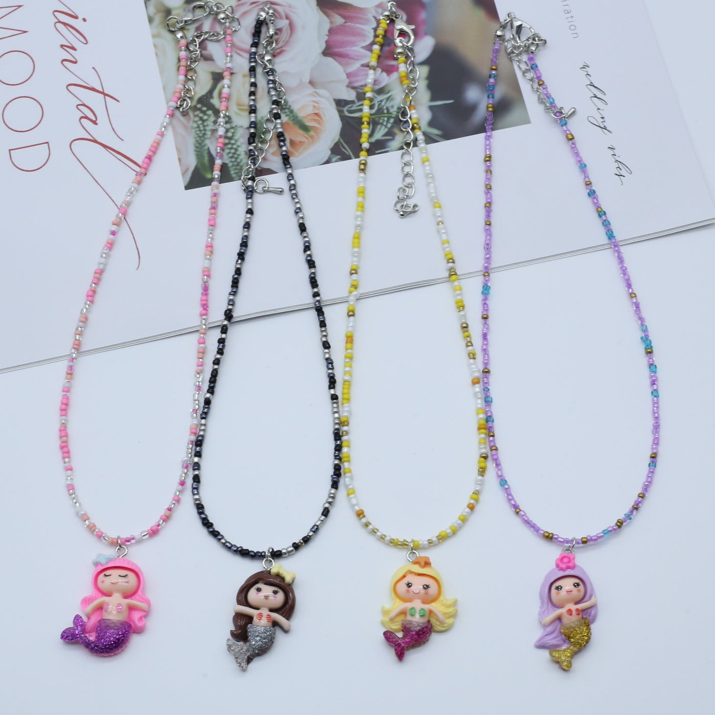 Wholesale gradient mermaid necklace  rice beads beaded necklaces