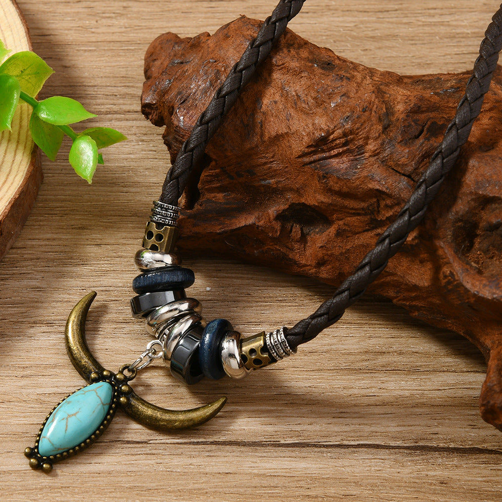 Wholesale Leather Western Cowboy Turquoise Bull Head Necklace