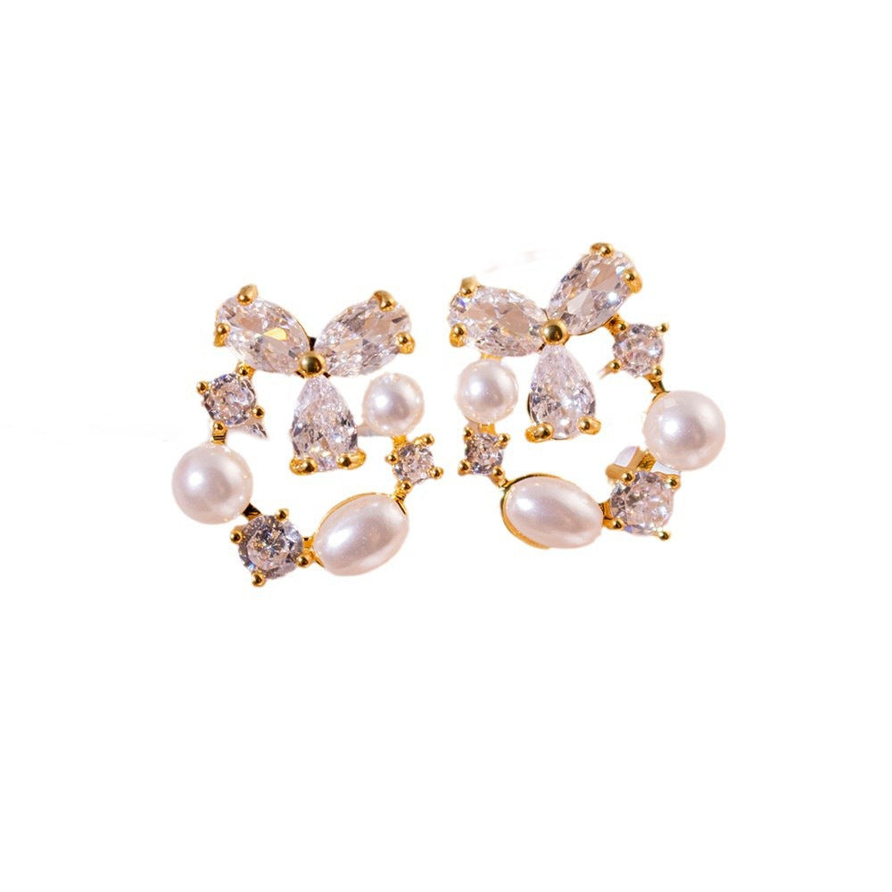 Wholesale Super shiny zircon three-leaf flower pearl earrings