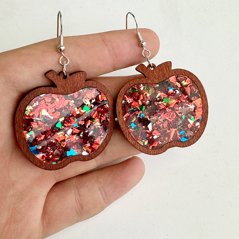 Wholesale Wood Frame Inlaid Acrylic Glitter Apple Earrings ACC-ES-XinChuan054