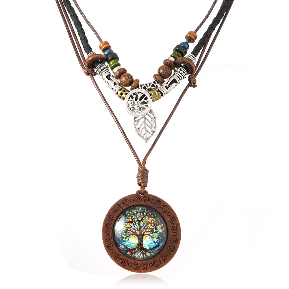 Wholesale Retro Men' s Knitted Layered Tree of Life Beaded Sweater Chain Set