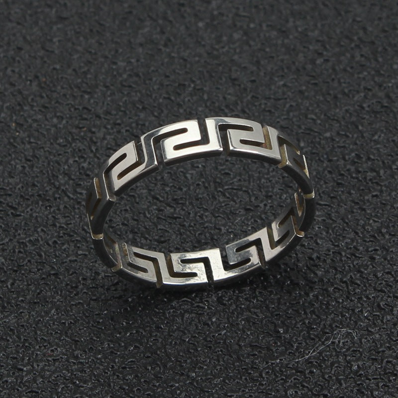 Wholesale simple hollow Great Wall pattern titanium steel ring