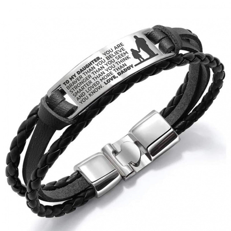 Wholesale Leather Steel Plate Bracelet,  Black Woven Steel Plate with Engraved Text,  Stainless Steel Tongue Clasp Leather Bracelet,  Three-Layer Leather Steel Plate Bracelet