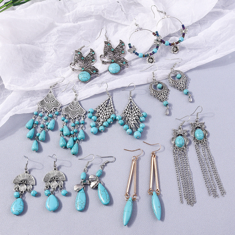 Wholesale Bohemian Turquoise Vintage Alloy Earrings Fashion Jewelry Accessory