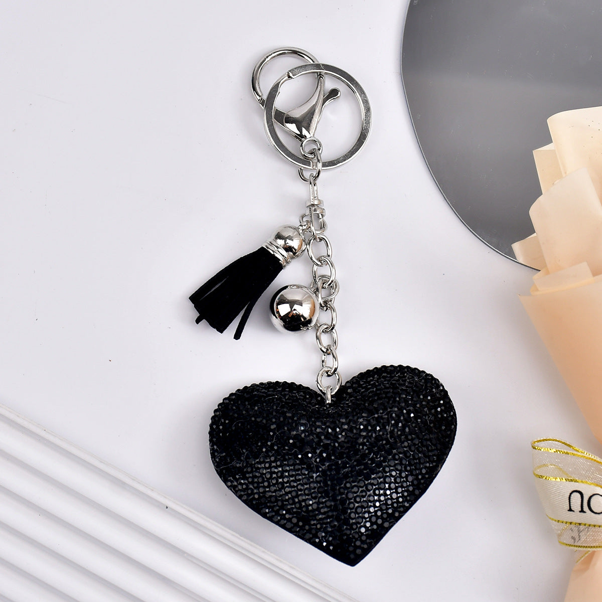 Wholesale  Peach Heart Rhinestone Leather Keychain