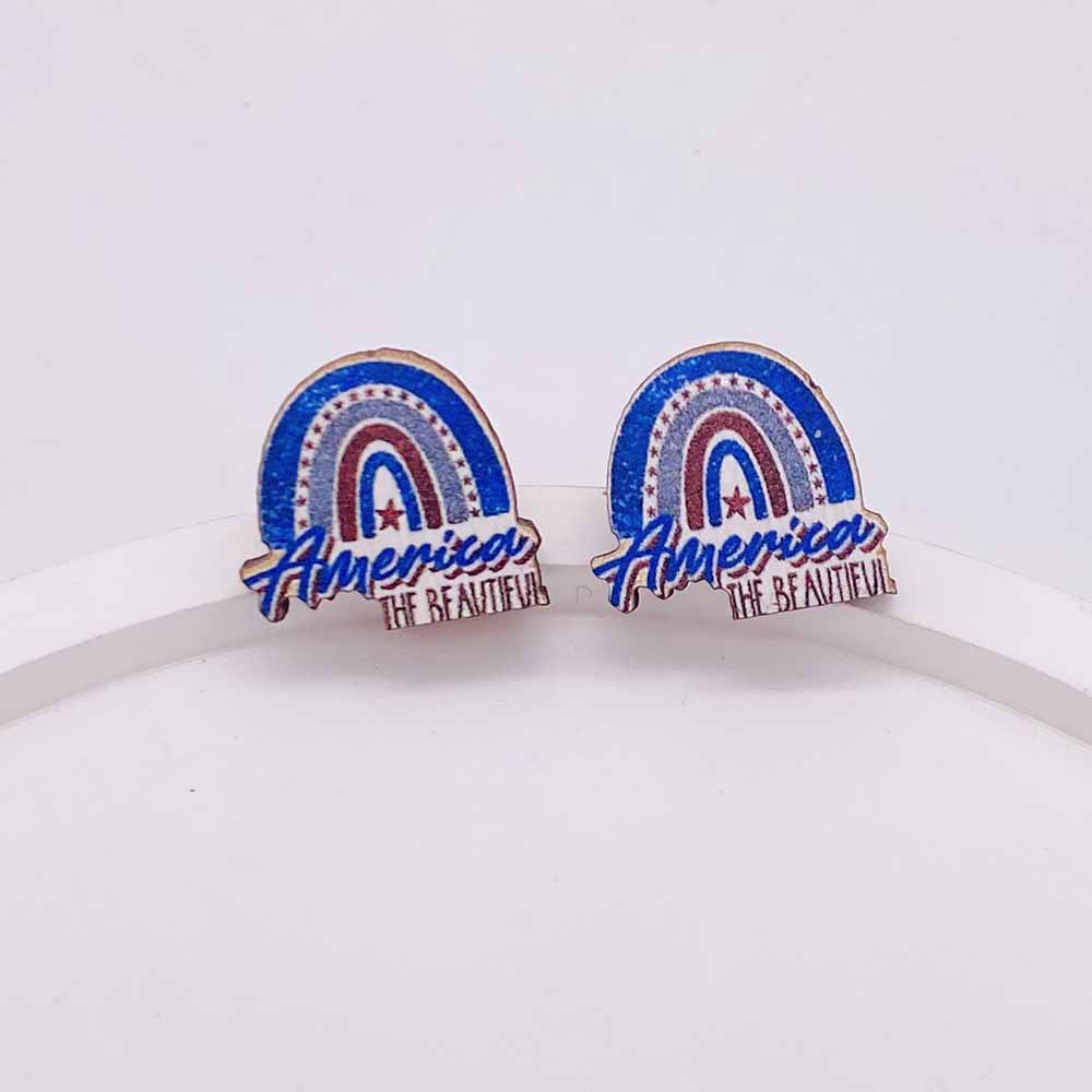 Wholesale American Flag Independence Day Wooden Stud Earrings Heart Shape Pentagram Sunflower Earrings ACC-ES-Cheny007