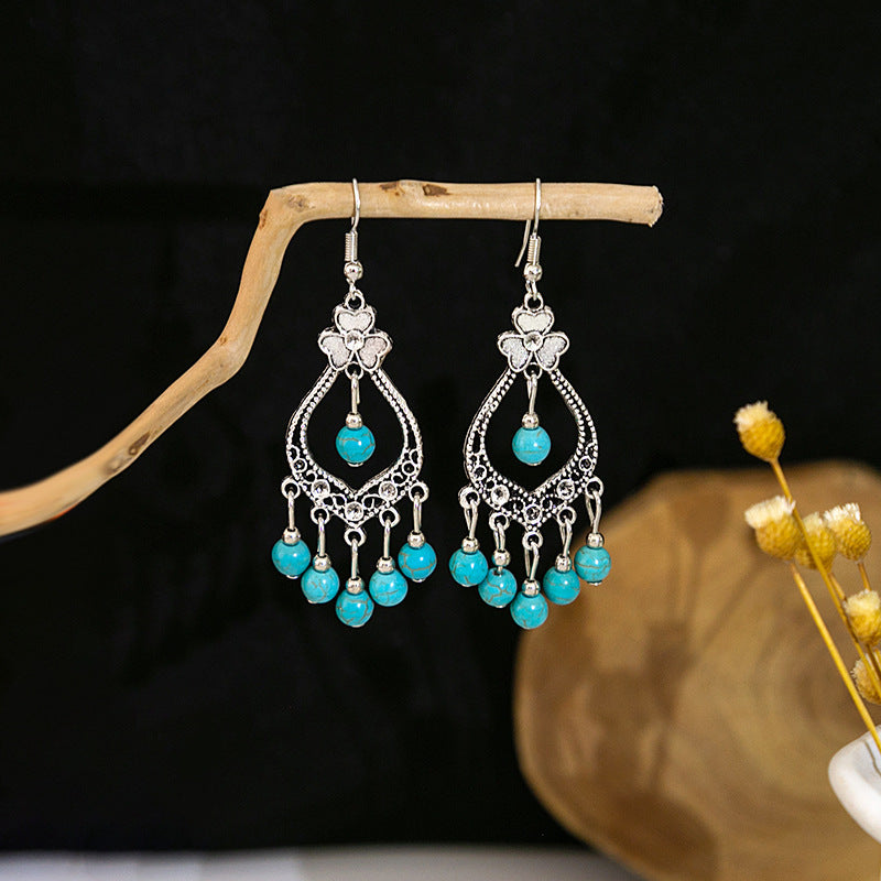 Wholesale Retro Ethnic Style Blue Turquoise Hollow Ring Flower Tassel Earrings Jewelry Accessory