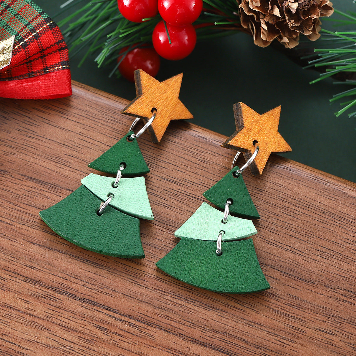 Wholesale Christmas star Christmas tree wooden double-sided pendant earrings