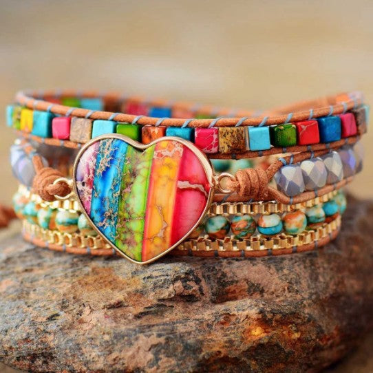 Wholesale Romantic 7 Colors Imperial Stone Leather Wrap Heart Bracelet