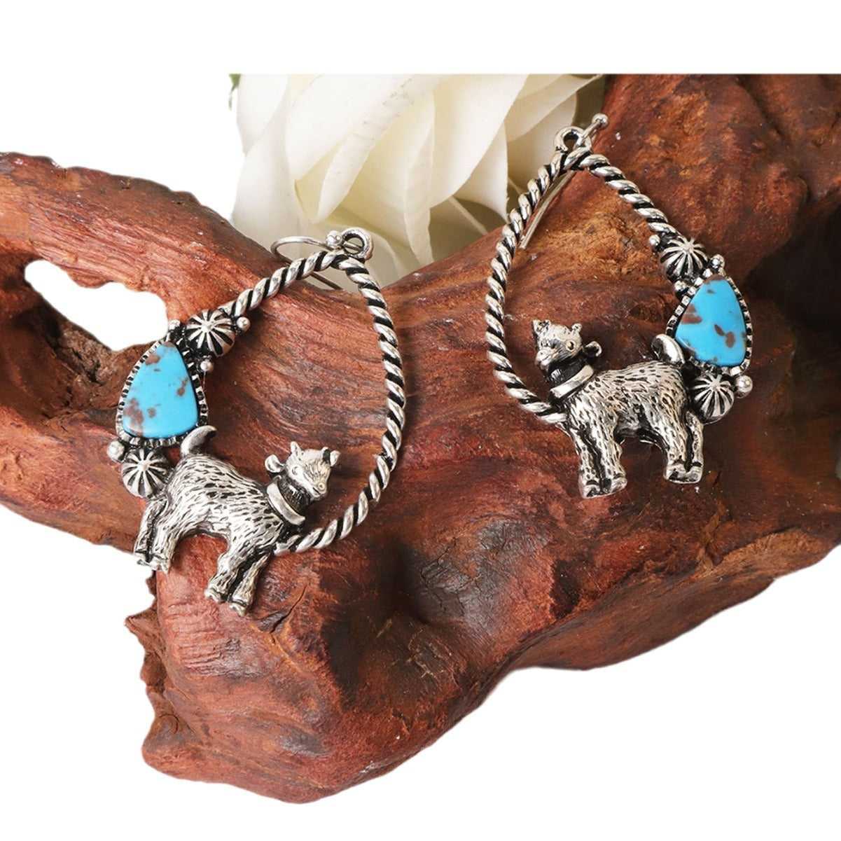 Wholesale Exaggerated Animal Retro Multi-color Turquoise Ancient Silver Earrings ACC-ES-Xilu005