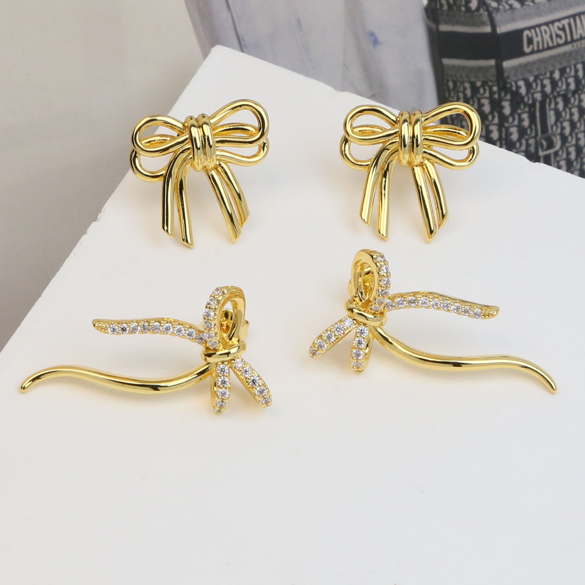 Wholesale 18k brass zircon bow earrings