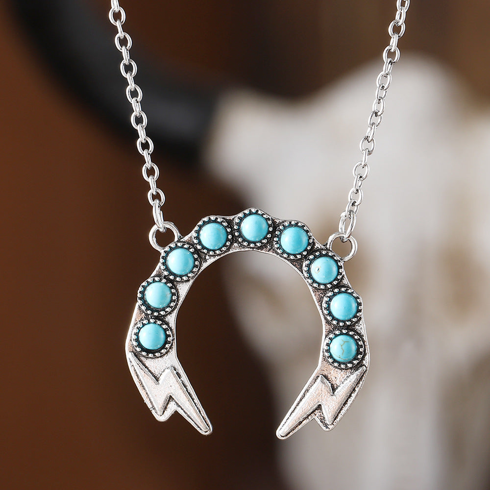 Wholesale Bohemian Style Turquoise Lightning Inlay Necklace Retro Zinc Alloy Electroplated Jewelry Accessory Boutique Resale