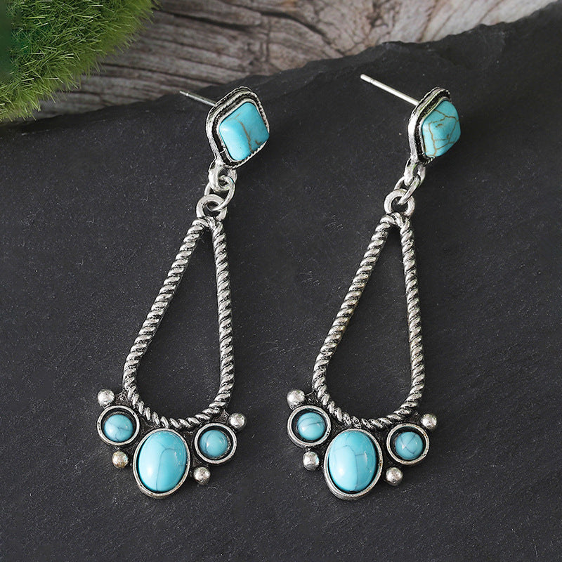 Wholesale Alloy Electroplated Geometric Hollow Earrings Retro Turquoise Bohemian Jewelry Accessory