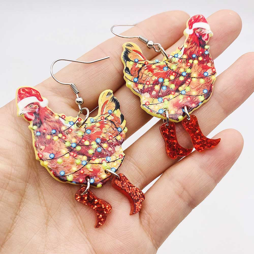 Wholesale Christmas Santa Hat Rooster Lights Acrylic Double-sided Printed Earrings ACC-ES-ChenY054