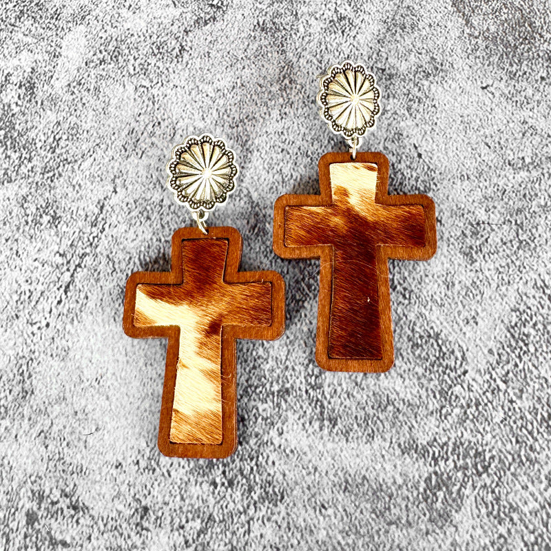 Wholesale Wooden and leather cross leopard print earrings