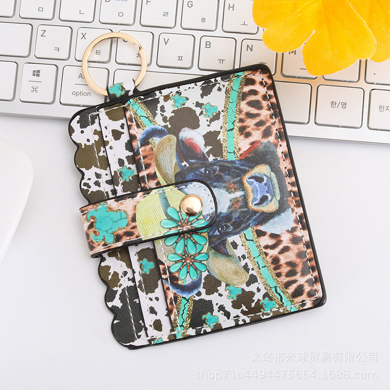 Wholesale Western Style Sunflower Cow Head Cow Pattern Cactus PU Pickup Bag Keychain ACC-KC-MiQiu002