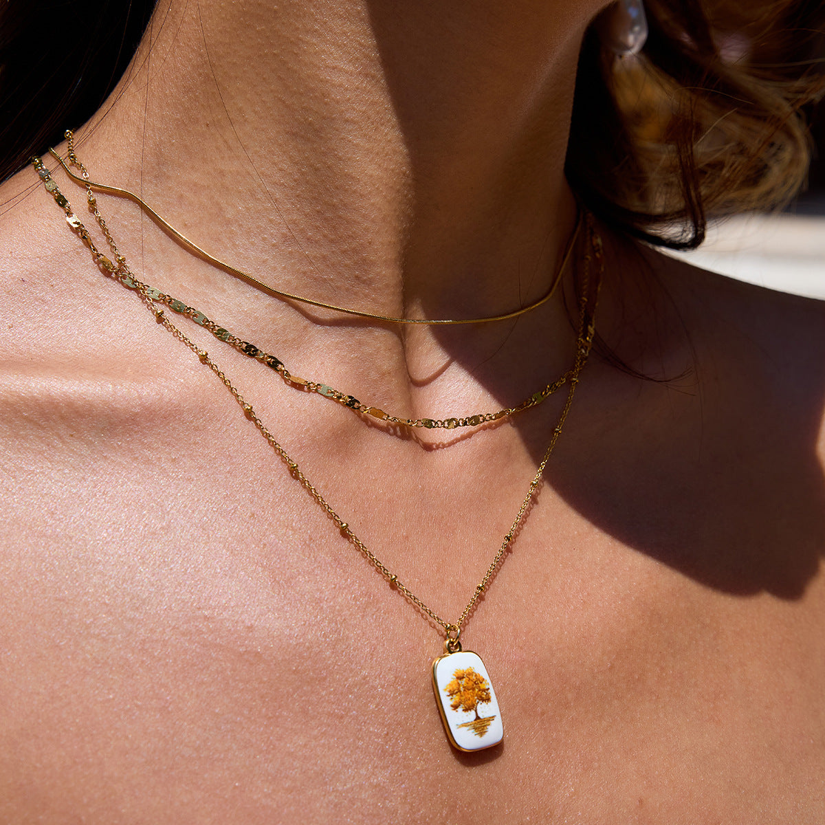 Wholesale 18K Gold Stainless Steel Three-Layer Printed Tree of Life Multi-Layer Necklace