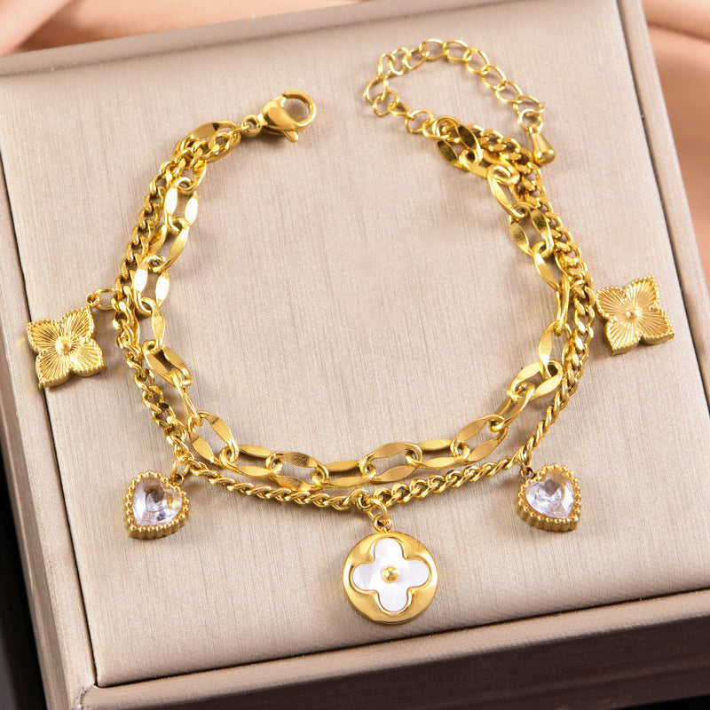 Wholesale Titanium Steel Bracelet Bow Star Moon Love Diamond Double Layer Bracelet