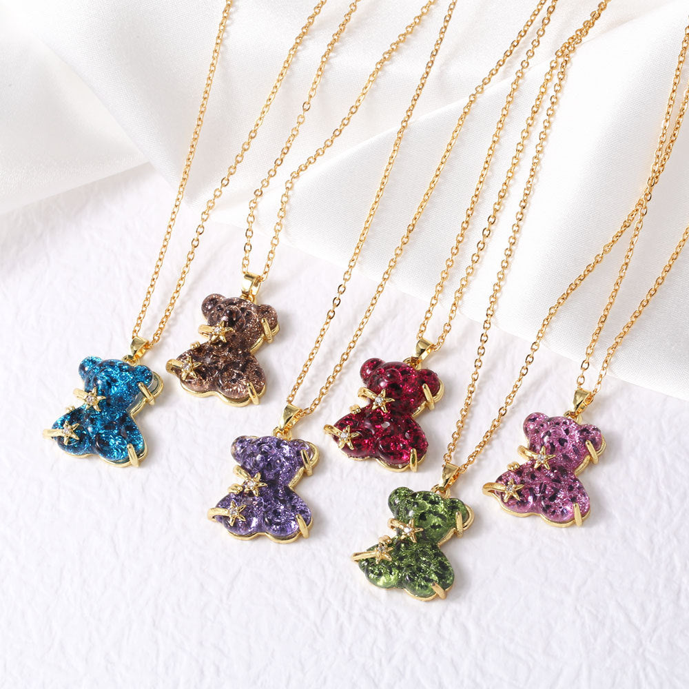 Wholesale Colorful Spotted Bear Pendant Gold Plated Necklace