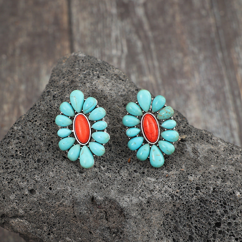 Wholesale Retro Bohemian Alloy Turquoise Floral Earrings Jewelry Accessory Gift