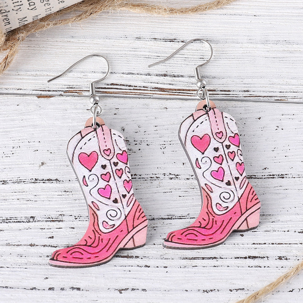 Wholesale Western Style Pink Love Tassel  Flower Leaf Cowboy Boots Pendant Wooden Double-Sided Earrings