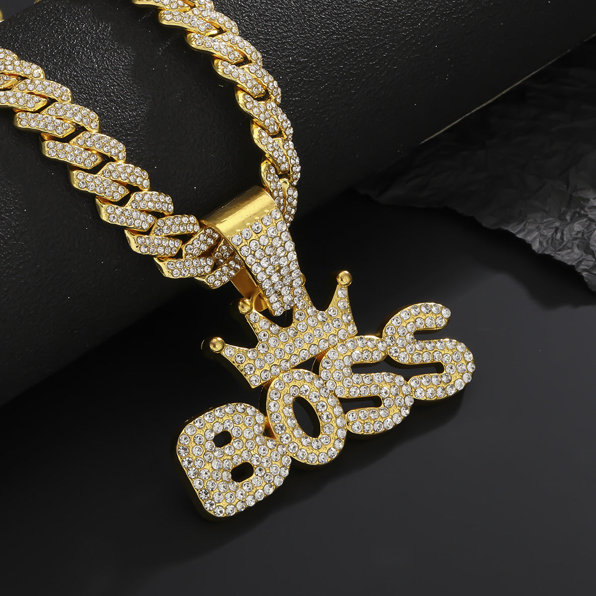 Wholesale Hip-hop Style Full Diamond Crown Letter Pendant Necklace Men's Cuban Chain ACC-NE-MeiWeite008