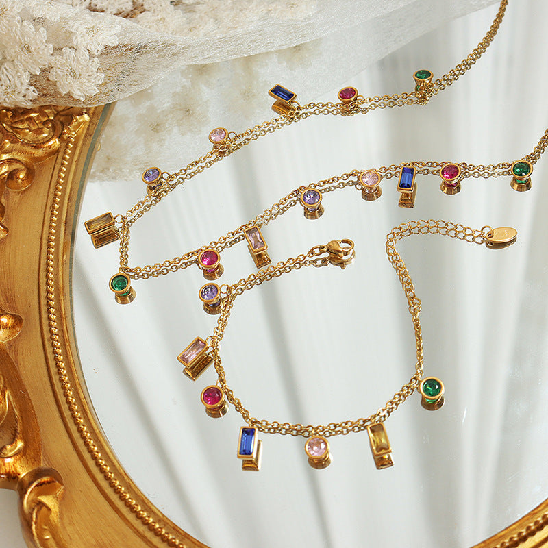 Wholesale Multi Color Zircon Tassel Necklace and Titanium Steel Bracelet Set Fashion Accessory for Party