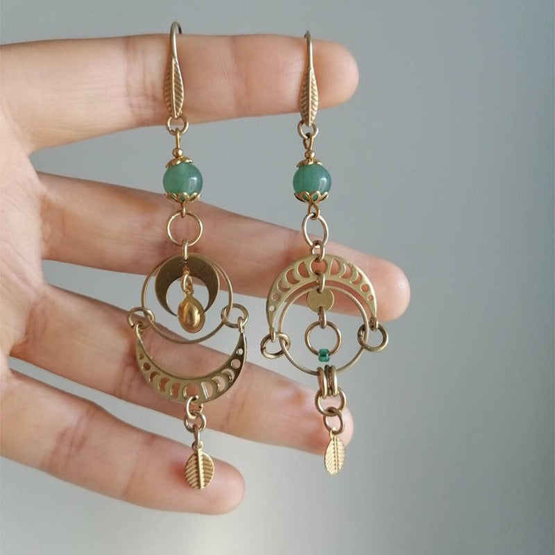 Wholesale Retro Moon Phase Hollow Alloy Earrings,  Jade Leaf Pattern,  Electroplated Finish,  Party Gift,  Boutique Resale