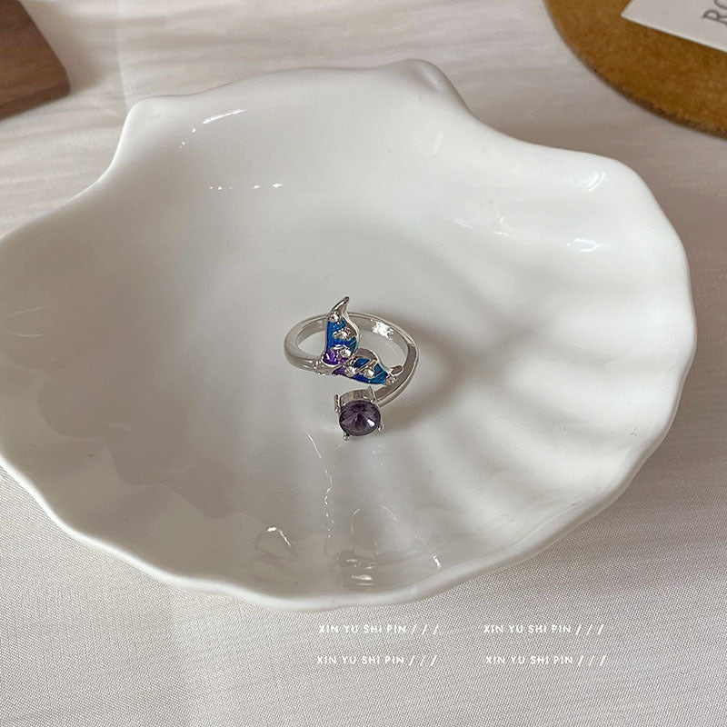 Wholesale  Blue and Purple Stitching Zircon Light Luxury Opening Adjustable Ring